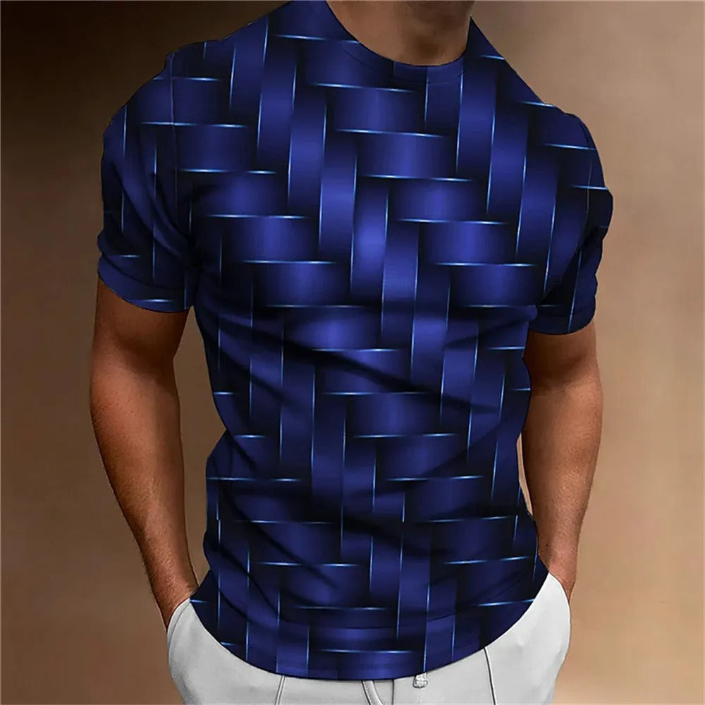 "Mäns T-shirt med geometriskt 3D-mönster, djärvt tryck i blåvita toner, modernt och visuellt imponerande."