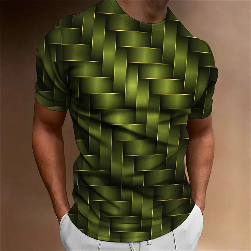 "Mäns T-shirt med geometriskt 3D-mönster, djärvt tryck i blåvita toner, modernt och visuellt imponerande."