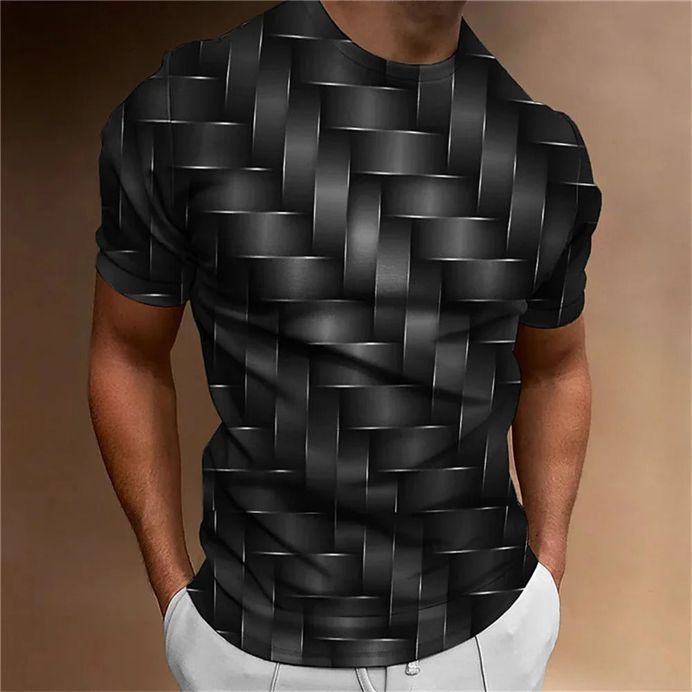 "Mäns T-shirt med geometriskt 3D-mönster, djärvt tryck i blåvita toner, modernt och visuellt imponerande."