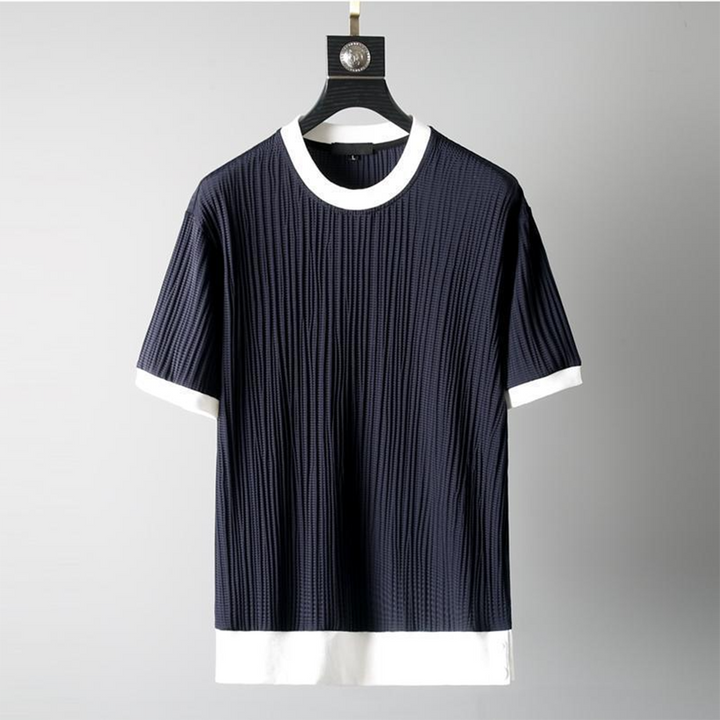 Mäns casual set för höst med O-hals tröja och avslappnade byxor i blå, svart, grå och vit för stil och komfort.