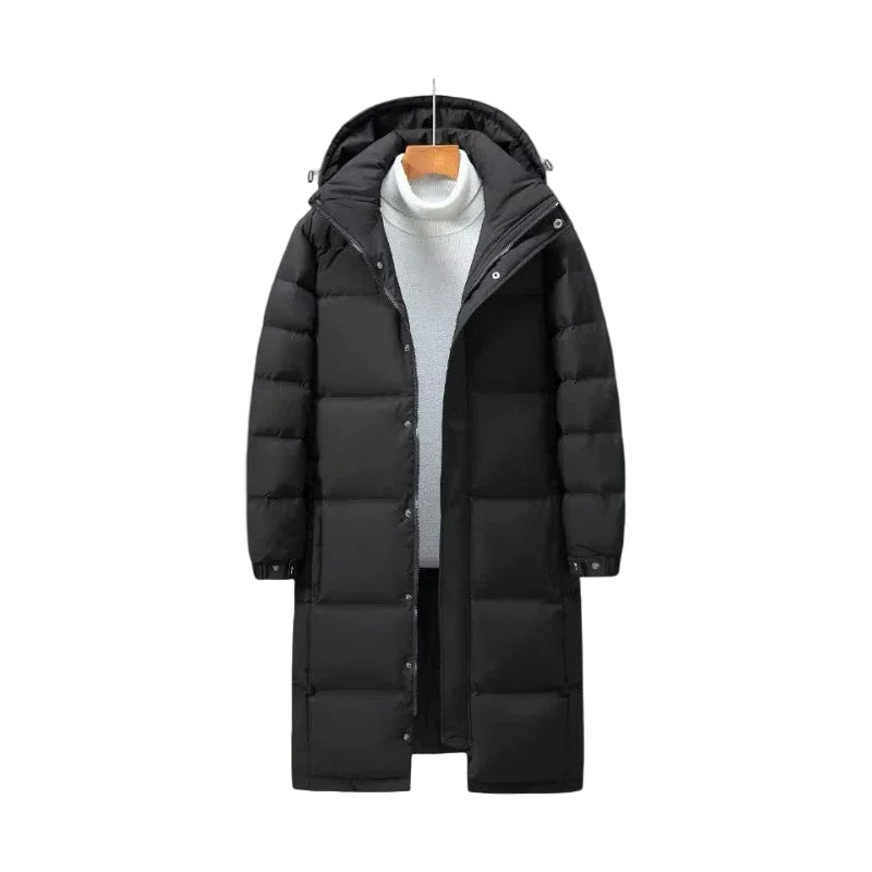 "Mäns lång puffer parka vinterjacka i svart, stilren och varm design, perfekt för kalla dagar och modern stil."