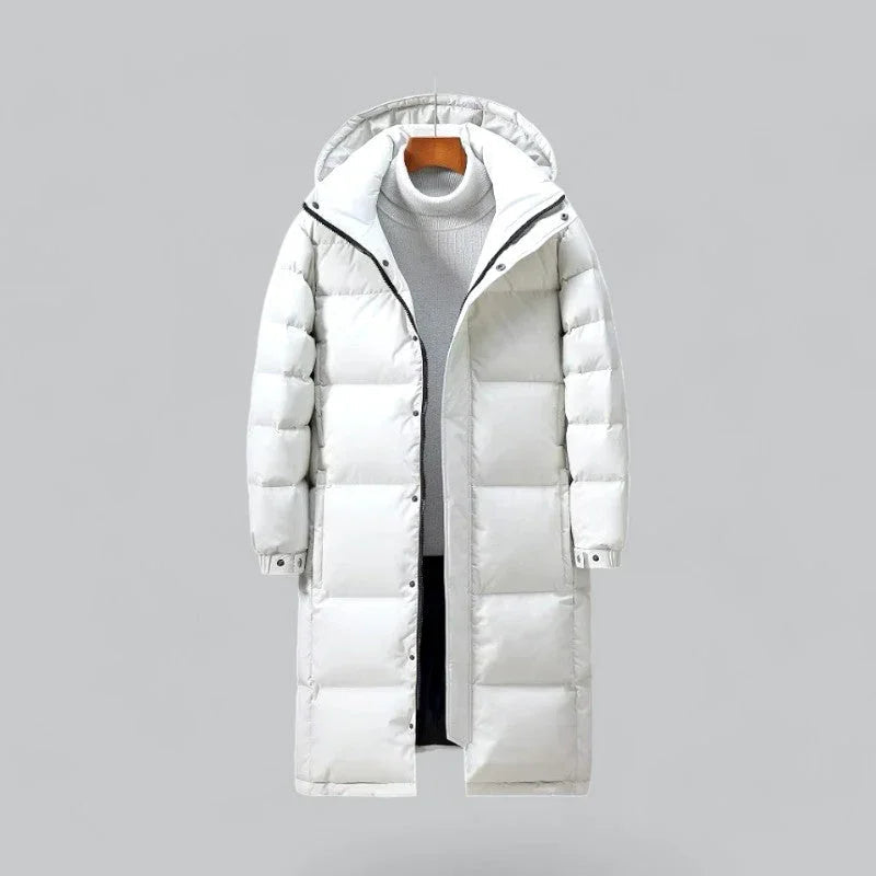 "Mäns lång puffer parka vinterjacka i svart, stilren och varm design, perfekt för kalla dagar och modern stil."