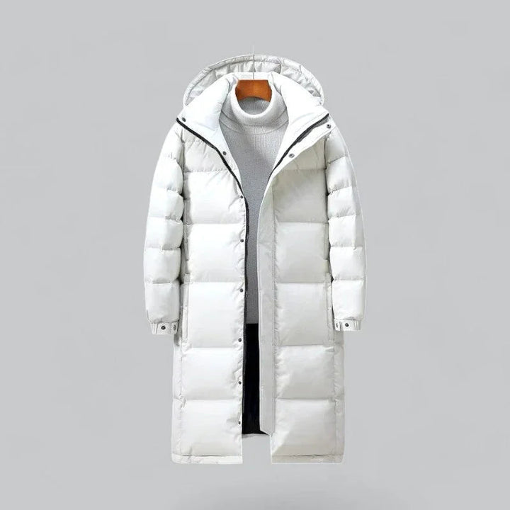 "Mäns lång puffer parka vinterjacka i svart, stilren och varm design, perfekt för kalla dagar och modern stil."