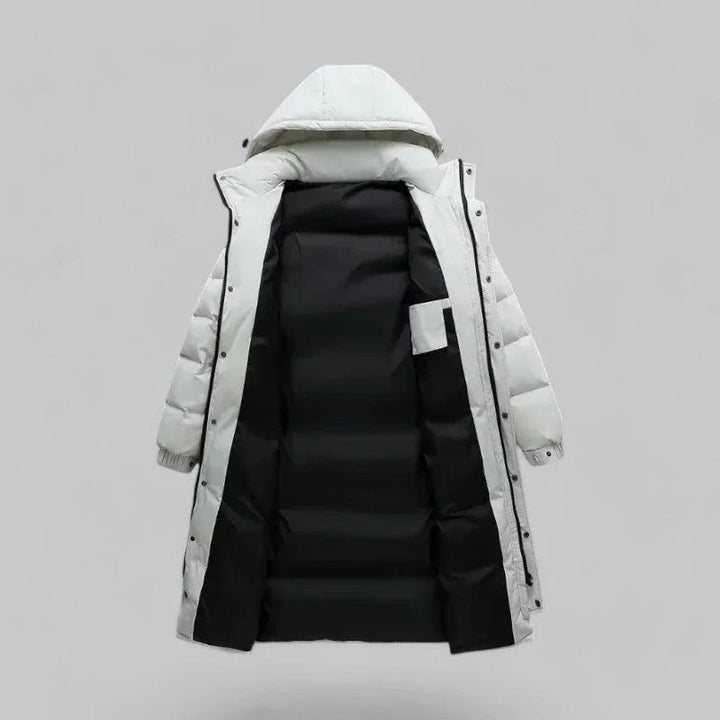 "Mäns lång puffer parka vinterjacka i svart, stilren och varm design, perfekt för kalla dagar och modern stil."