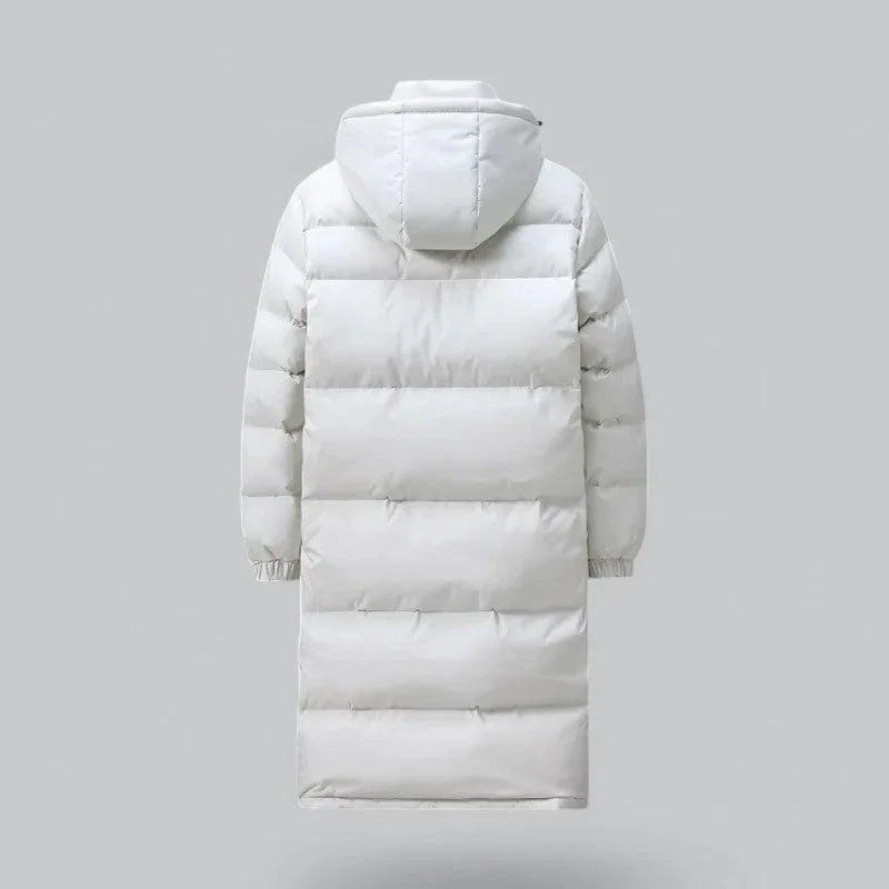 "Mäns lång puffer parka vinterjacka i svart, stilren och varm design, perfekt för kalla dagar och modern stil."