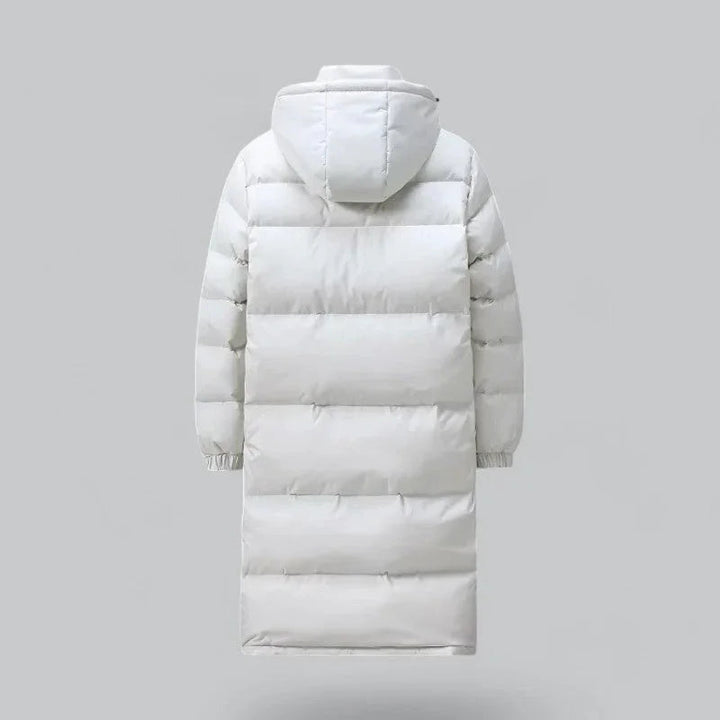 "Mäns lång puffer parka vinterjacka i svart, stilren och varm design, perfekt för kalla dagar och modern stil."