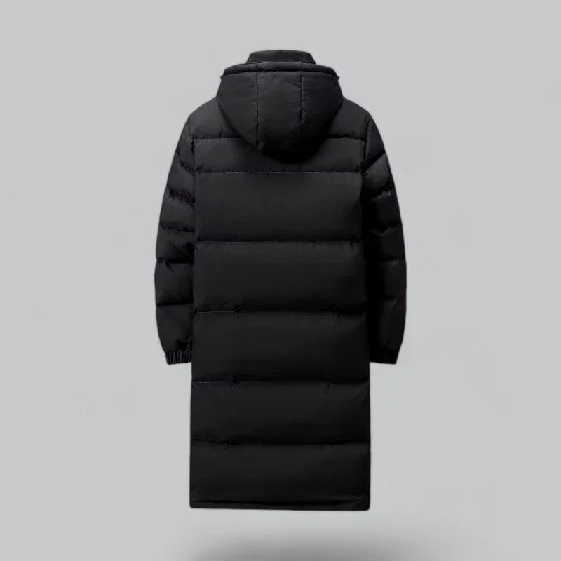 "Mäns lång puffer parka vinterjacka i svart, stilren och varm design, perfekt för kalla dagar och modern stil."