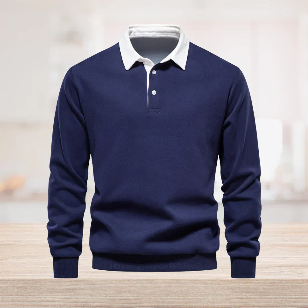 "Mäns långärmad klassisk poloshirt i bomull med krage och knappslå, perfekt för avslappnad eller formell stil."