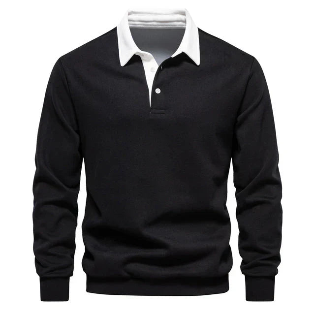 "Mäns långärmad klassisk poloshirt i bomull med krage och knappslå, perfekt för avslappnad eller formell stil."