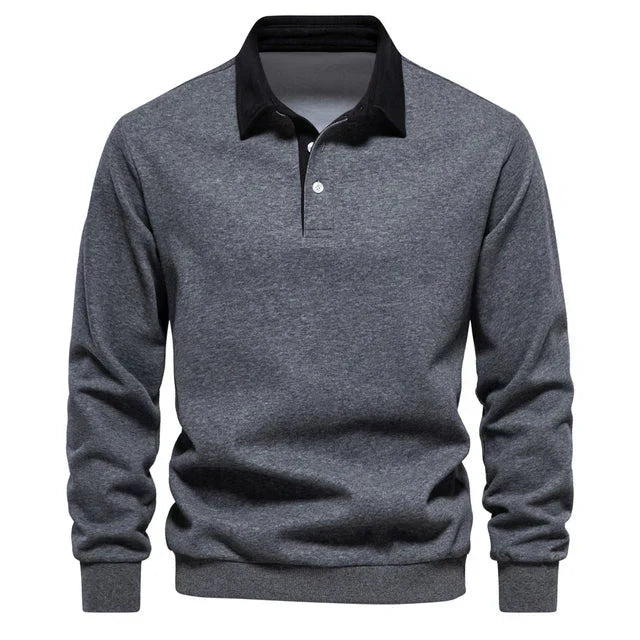 "Mäns långärmad klassisk poloshirt i bomull med krage och knappslå, perfekt för avslappnad eller formell stil."
