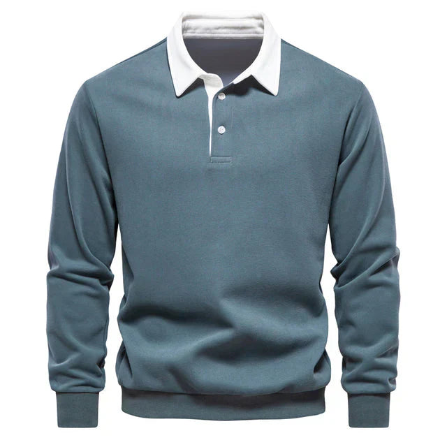 "Mäns långärmad klassisk poloshirt i bomull med krage och knappslå, perfekt för avslappnad eller formell stil."