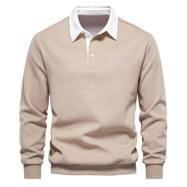 "Mäns långärmad klassisk poloshirt i bomull med krage och knappslå, perfekt för avslappnad eller formell stil."