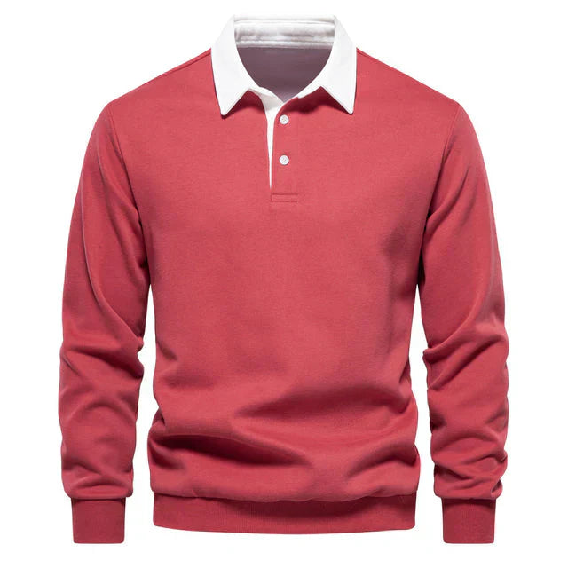 "Mäns långärmad klassisk poloshirt i bomull med krage och knappslå, perfekt för avslappnad eller formell stil."