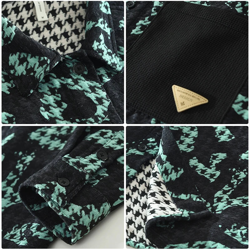 "Mäns långärmad skjorta med kontrastpanel, mjukt polyester, stilren design för både avslappnad och formell look."