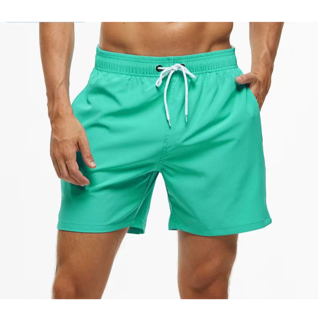 "Mäns snabbtorkande badshorts med justerbar midja, framsida, stiliga och funktionella för strand och pool."
