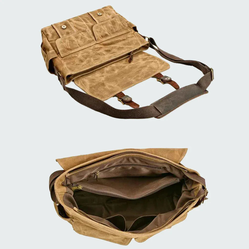 "Mäns vintage messenger-väska i oljevaxad läder med justerbar rem och flera fack, framifrån perspektiv."