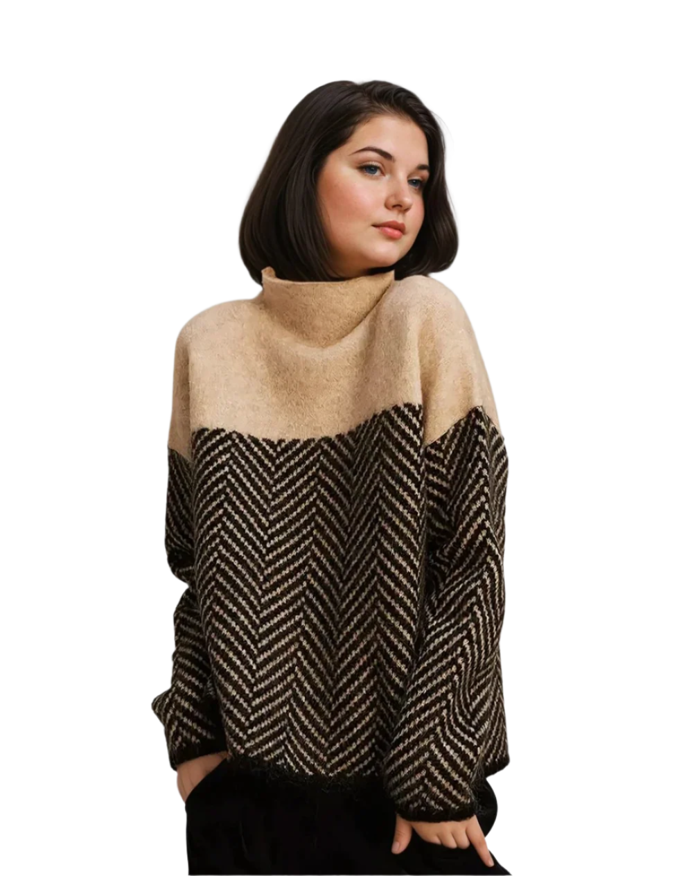 "Mönstrad dam turtleneck tröja i polyester, elegant design, bekväm och stilren, perfekt för jobb och fritid."