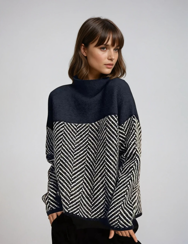 "Mönstrad dam turtleneck tröja i polyester, elegant design, bekväm och stilren, perfekt för jobb och fritid."