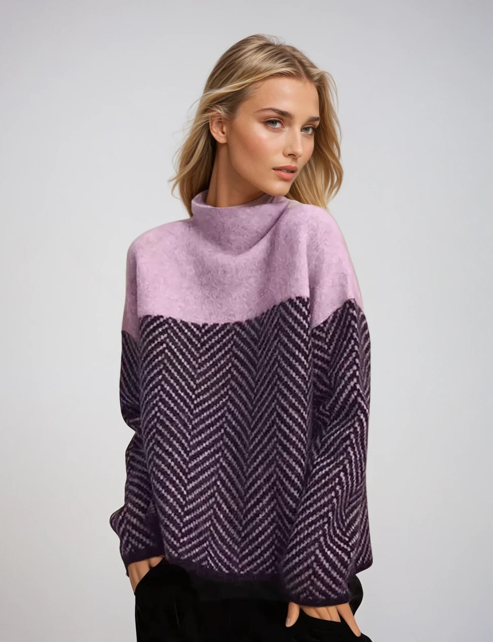 "Mönstrad dam turtleneck tröja i polyester, elegant design, bekväm och stilren, perfekt för jobb och fritid."