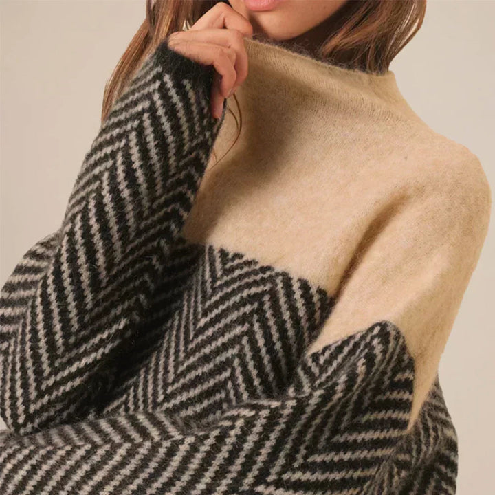 "Mönstrad dam turtleneck tröja i polyester, elegant design, bekväm och stilren, perfekt för jobb och fritid."