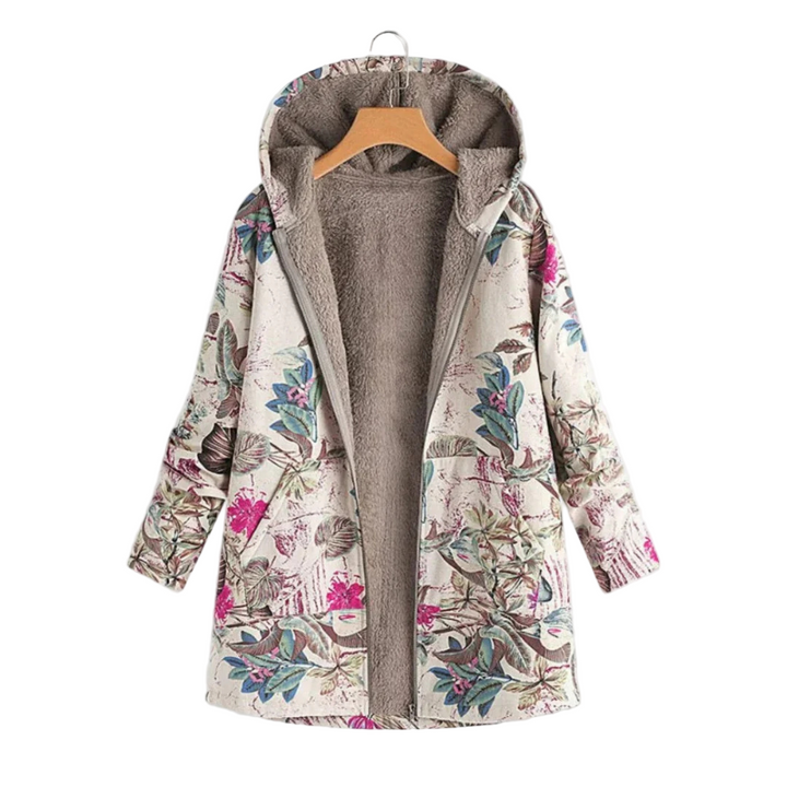 "Mönstrad kvinnor huvjacka med dragkedja, varmt foder, distinkt design för stil och kyla, perfekt för kalla dagar."