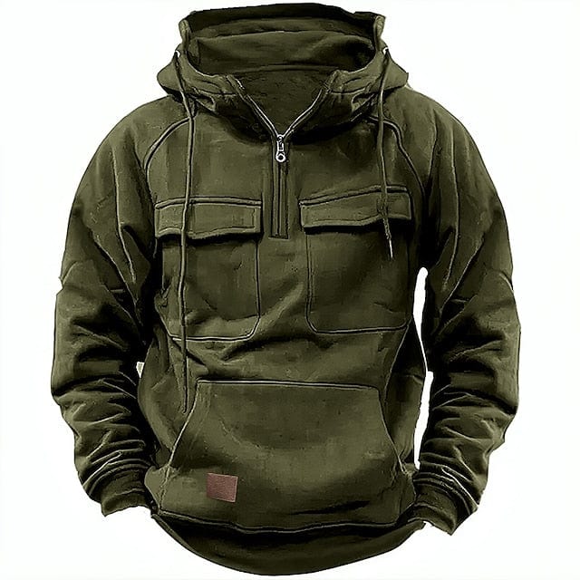 "Modern herr vinterhuv hoodie, högkvalitativ bomull/polyester, stilren design i mörkgrön, perfekt för kalla vinterdagar."