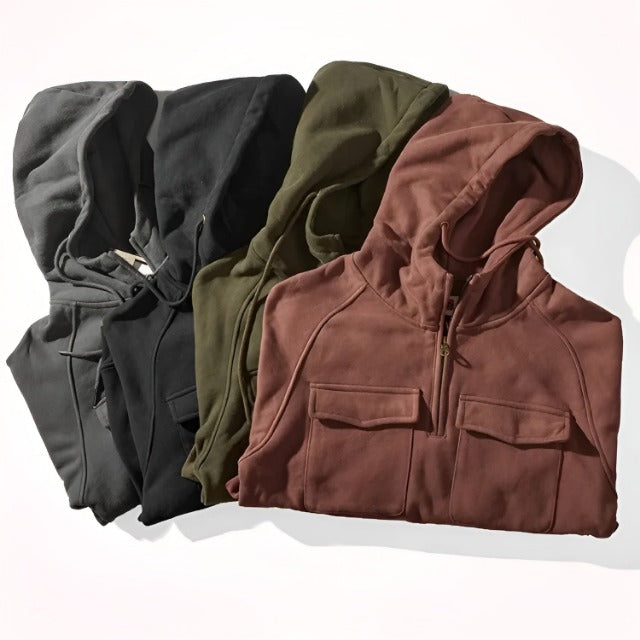 "Modern herr vinterhuv hoodie, högkvalitativ bomull/polyester, stilren design i mörkgrön, perfekt för kalla vinterdagar."