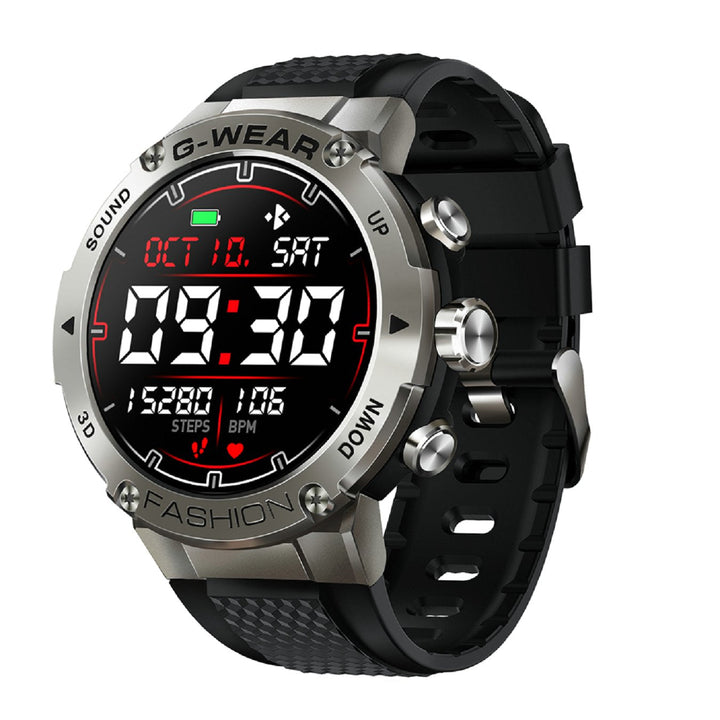 "Modern vattentät smartklocka för män, stilren design, 1.32 tum HD-skärm, sportlägen, hälsofunktioner, silikagelarmband."