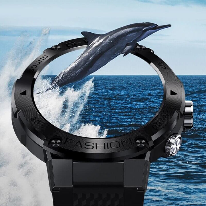 "Modern vattentät smartklocka för män, stilren design, 1.32 tum HD-skärm, sportlägen, hälsofunktioner, silikagelarmband."