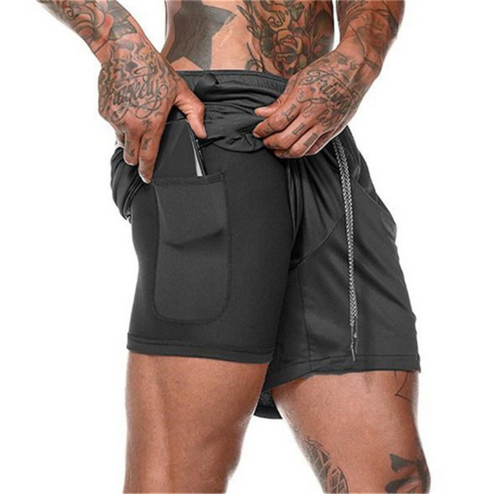 "Moderna strandshorts för män, dubbla lager med elastisk midja, dragsko och fickor i blått. Snabbtorkande material."