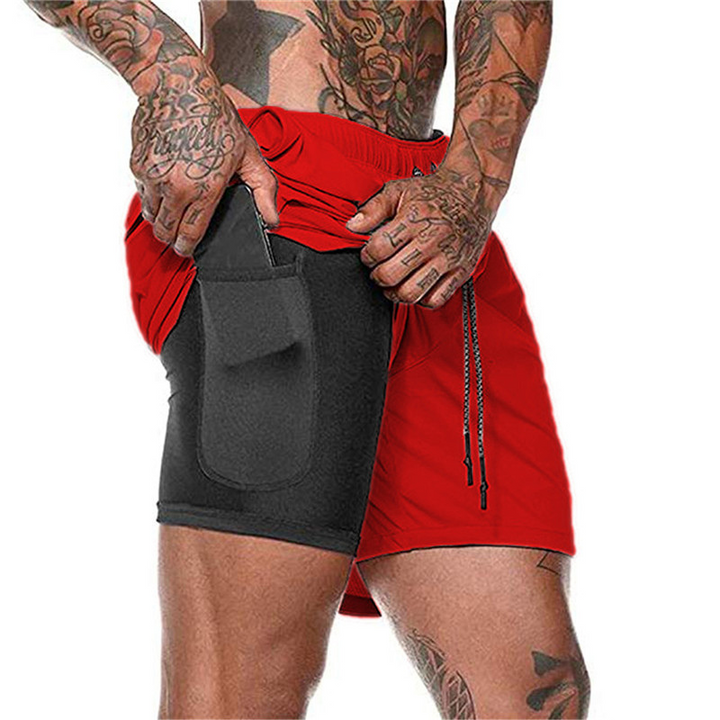 "Moderna strandshorts för män, dubbla lager med elastisk midja, dragsko och fickor i blått. Snabbtorkande material."