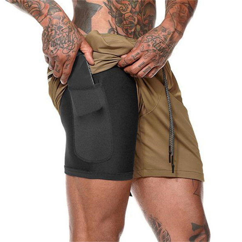 "Moderna strandshorts för män, dubbla lager med elastisk midja, dragsko och fickor i blått. Snabbtorkande material."