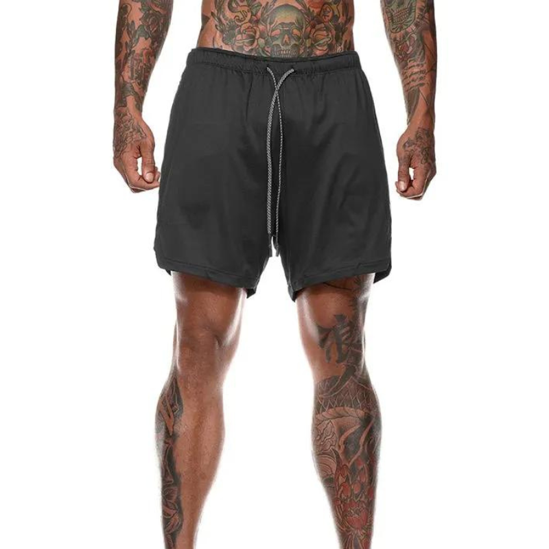 "Moderna strandshorts för män, dubbla lager med elastisk midja, dragsko och fickor i blått. Snabbtorkande material."