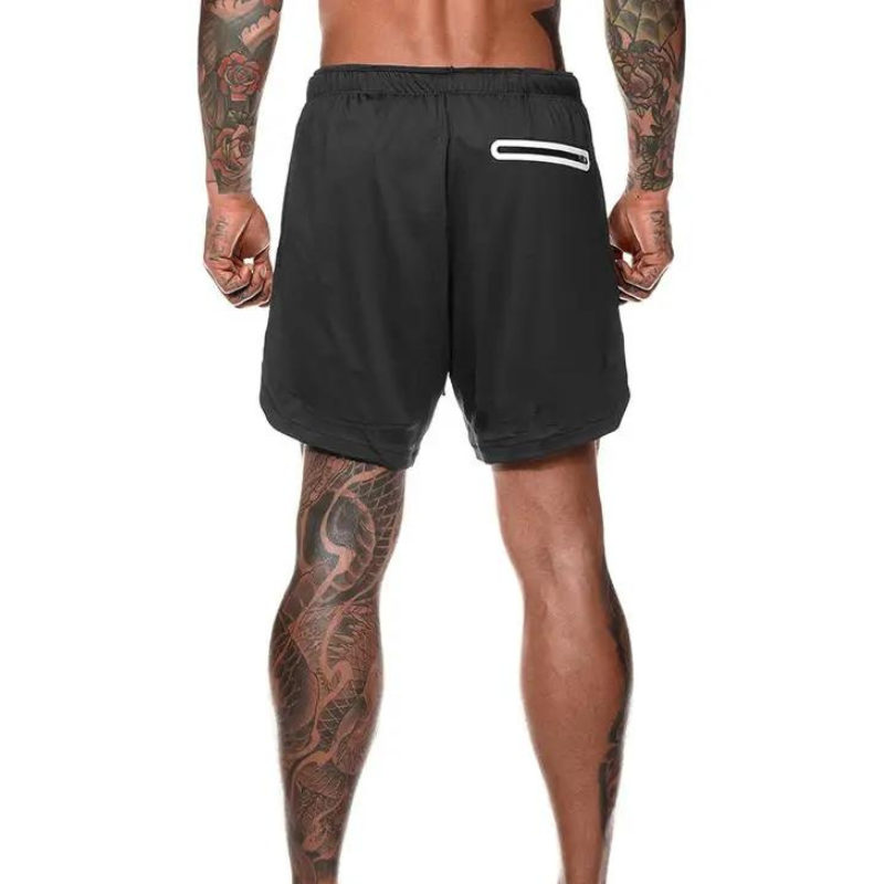 "Moderna strandshorts för män, dubbla lager med elastisk midja, dragsko och fickor i blått. Snabbtorkande material."