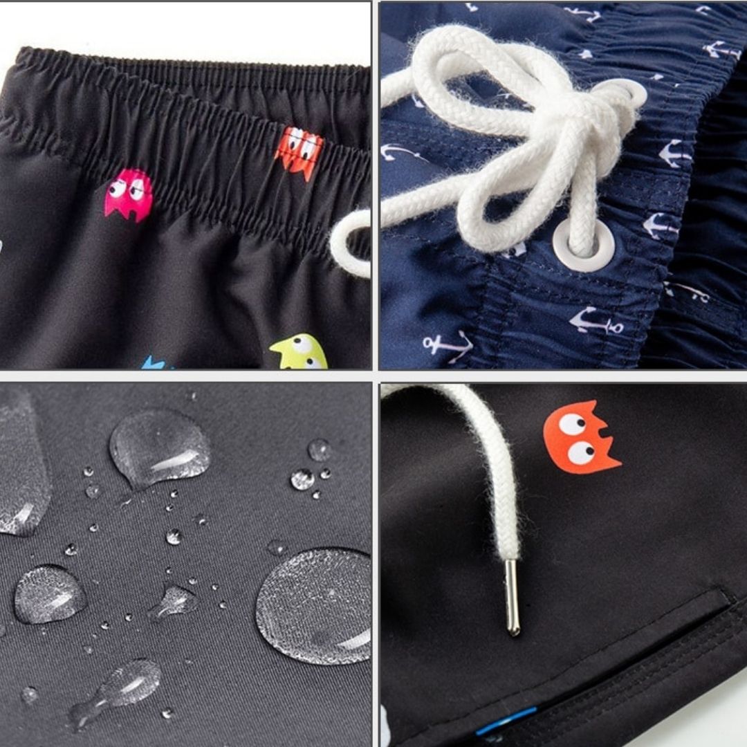 "Modernt designade herrboardshorts med snörning, snabbtorkande material och djärva tryck, perfekta för strandliv."