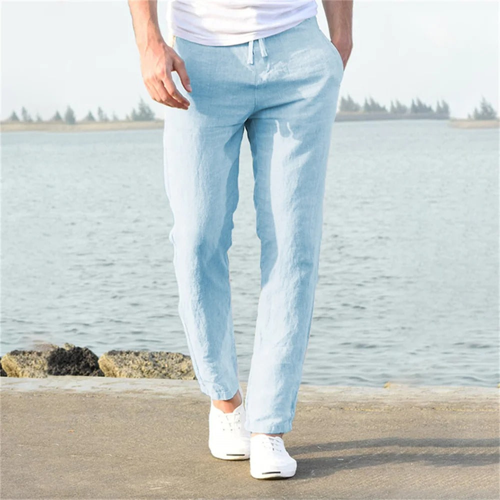 "Modernt linne-stil herrbyxor, raka med elastisk midja, i enfärgad streetwear design, perfekt för alla tillfällen."