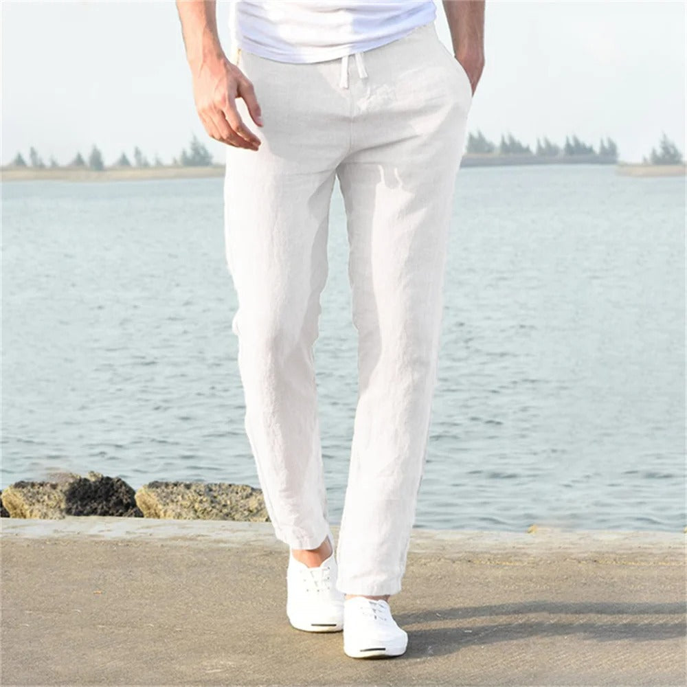 "Modernt linne-stil herrbyxor, raka med elastisk midja, i enfärgad streetwear design, perfekt för alla tillfällen."