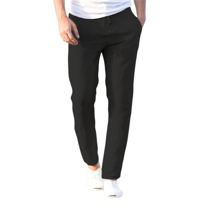 "Modernt linne-stil herrbyxor, raka med elastisk midja, i enfärgad streetwear design, perfekt för alla tillfällen."