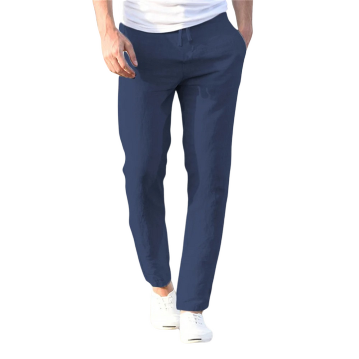 "Modernt linne-stil herrbyxor, raka med elastisk midja, i enfärgad streetwear design, perfekt för alla tillfällen."