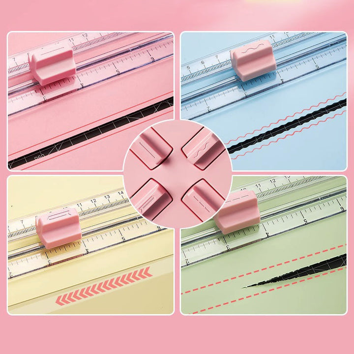 "Multifunktionell 4-i-1 pappersskärare i rosa och blå plast, perfekt för hantverk som scrapbooking med precisionsskärning."