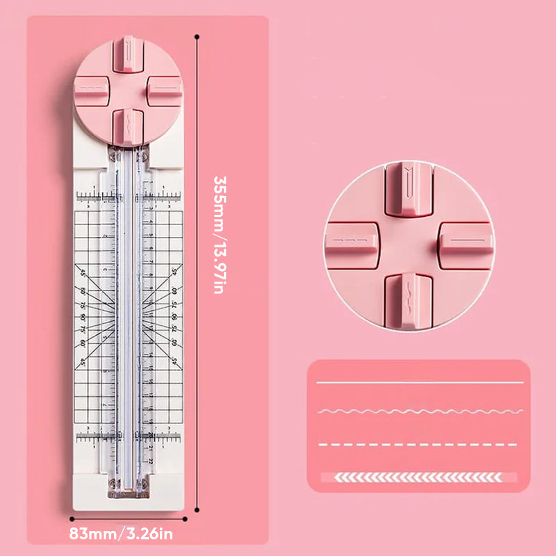 "Multifunktionell 4-i-1 pappersskärare i rosa och blå plast, perfekt för hantverk som scrapbooking med precisionsskärning."