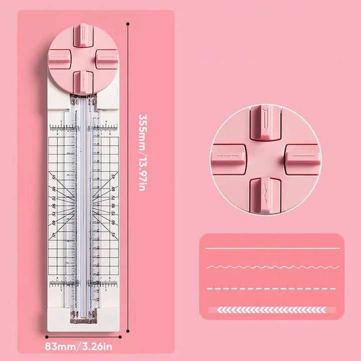 "Multifunktionell 4-i-1 pappersskärare i rosa och blå plast, perfekt för hantverk som scrapbooking med precisionsskärning."