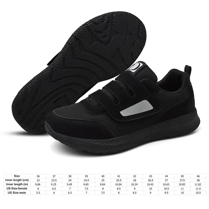 Ortopediska unisex slip-on sneakers för diabetiker med justerbar rem, anti-slip sula, rymlig passform och sportig design.