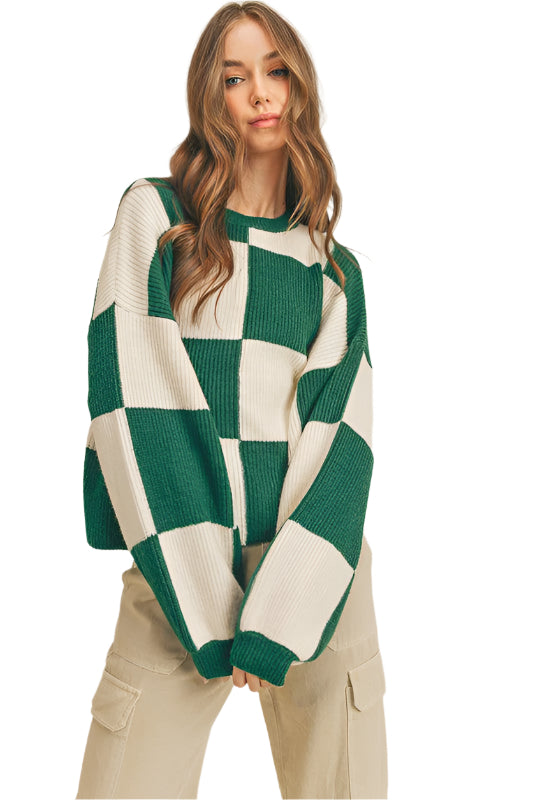 "Oversized grön damtröja med rutigt mönster, pullover stil för mode och komfort."