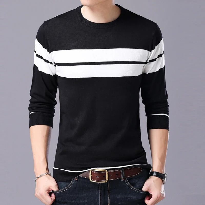 "Patchwork-pullover med O-ringning för män, långärmad, trendigt mönster, varm och slimmad passform, stilfull design."