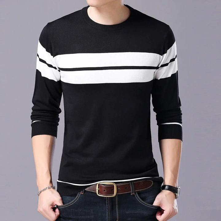 "Patchwork-pullover med O-ringning för män, långärmad, trendigt mönster, varm och slimmad passform, stilfull design."