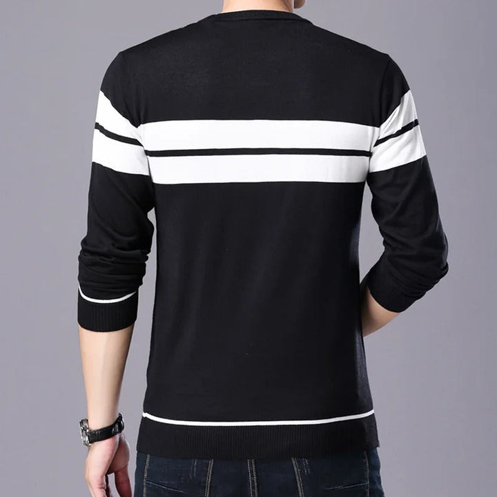 "Patchwork-pullover med O-ringning för män, långärmad, trendigt mönster, varm och slimmad passform, stilfull design."