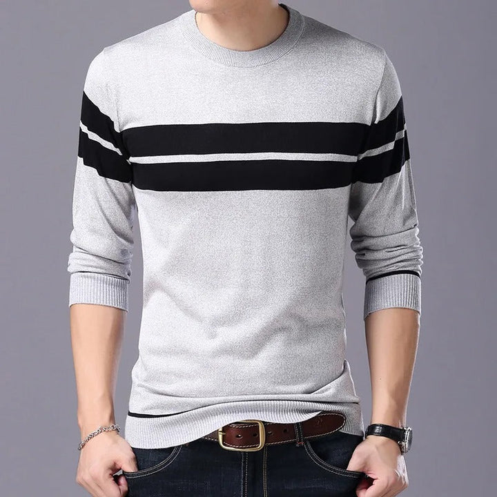 "Patchwork-pullover med O-ringning för män, långärmad, trendigt mönster, varm och slimmad passform, stilfull design."