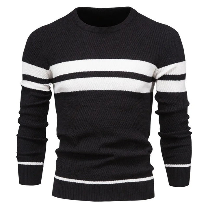 "Patchwork-pullover med O-ringning för män, långärmad, trendigt mönster, varm och slimmad passform, stilfull design."