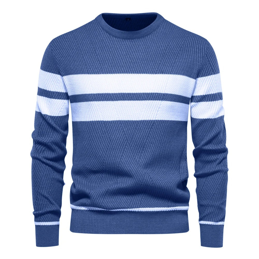 "Patchwork-pullover med O-ringning för män, långärmad, trendigt mönster, varm och slimmad passform, stilfull design."
